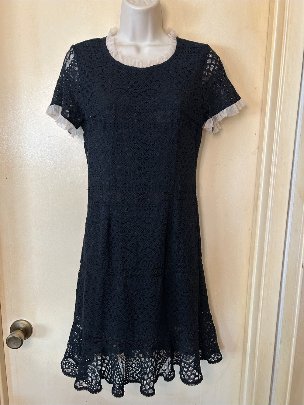 Black Lace Mini Dress with Ivory Ruffle Trim size L